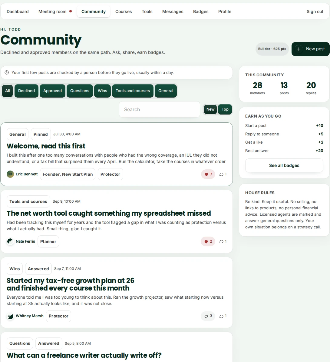 The community feed showing member posts, replies, and badges.
