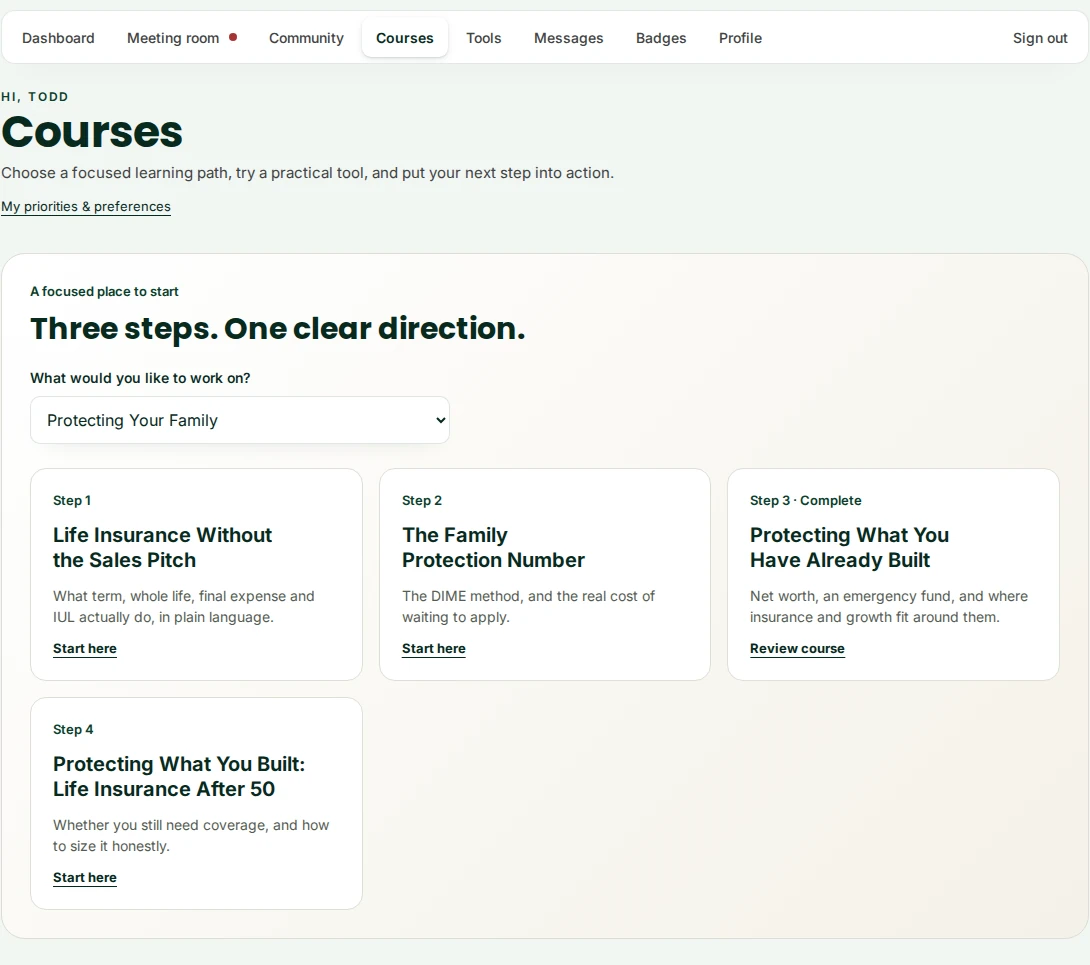 The courses page showing a short, focused learning path with progress tracking.