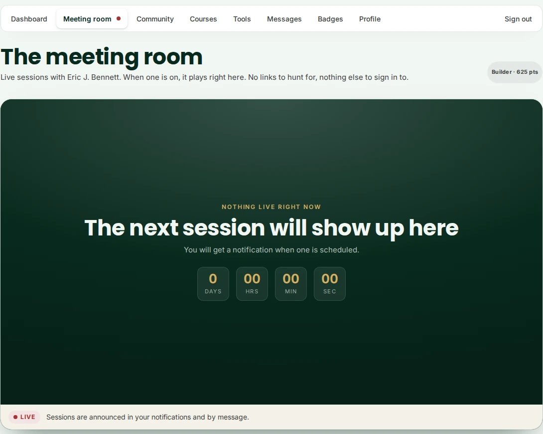The meeting room page showing a live-session countdown and how it works.