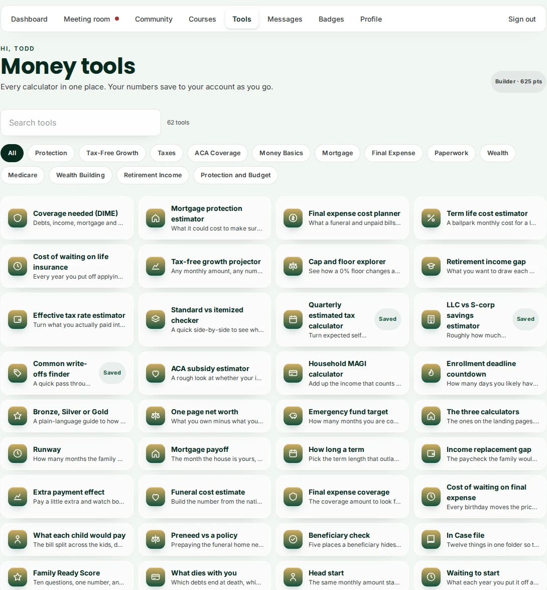 The money tools page showing category filters and a grid of calculators.